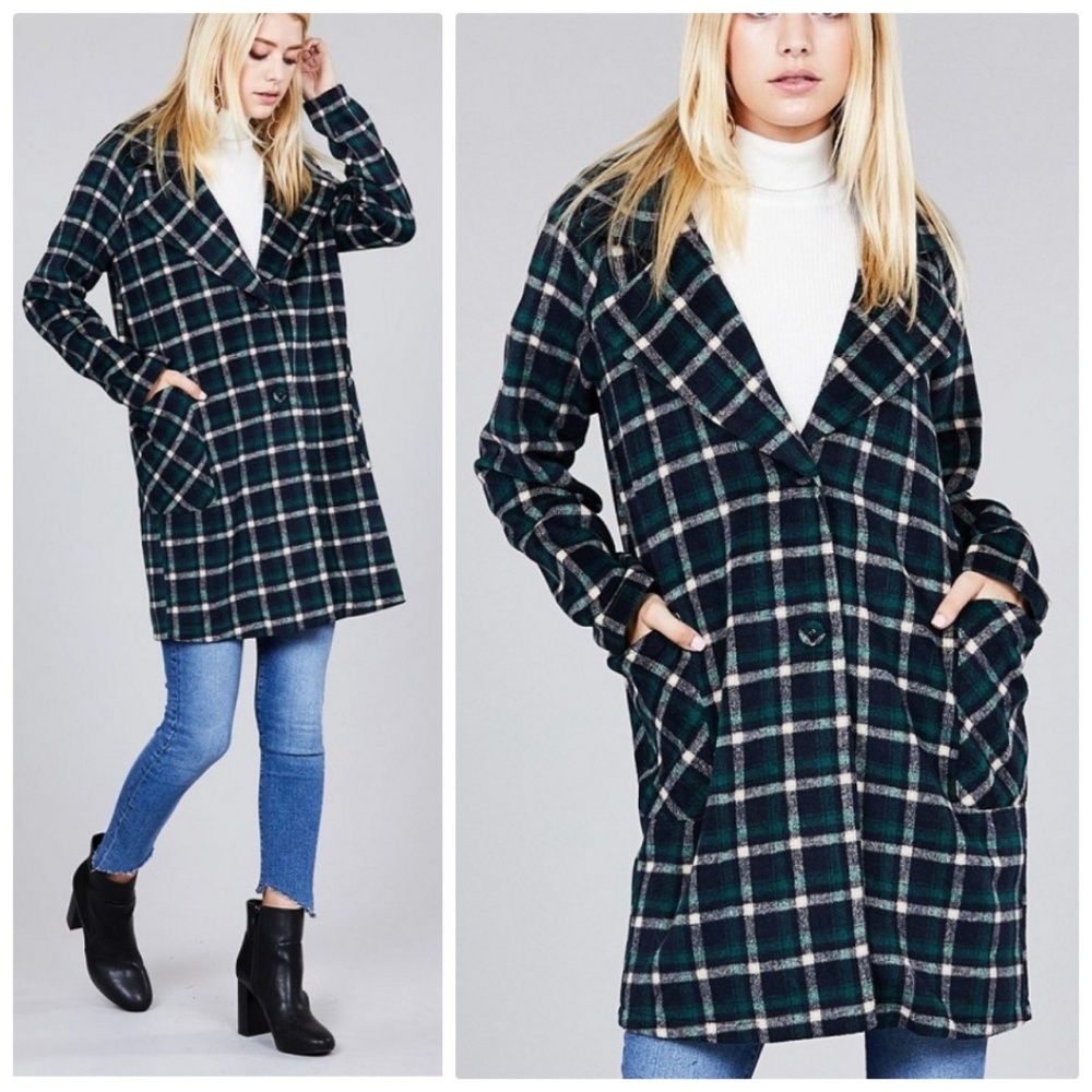 Green Blue plaid Long Heavy Jacket Blazer